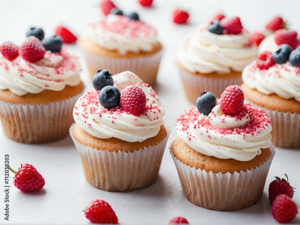 Cupcakes with Cream, Berries, and Heart Decorations. Cupcakes with Cream, Berries, and Heart Decorations.