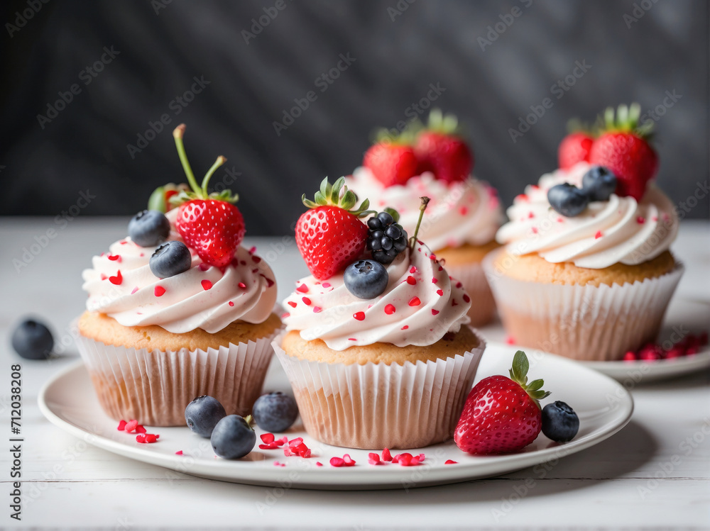 Cupcakes with Cream, Berries, and Heart Decorations. Cupcakes with Cream, Berries, and Heart Decorations.