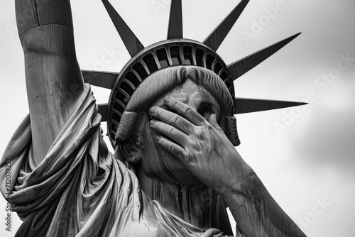 Emotional statue of liberty with her head in hands. American state of grief and depression photo