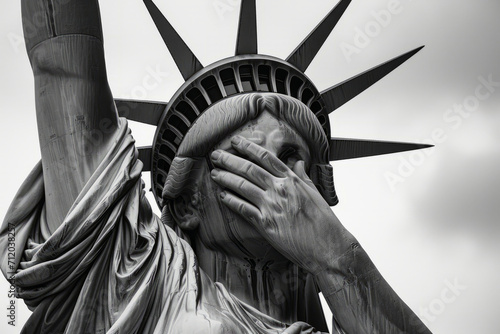 Emotional statue of liberty with her head in hands. American state of grief and depression