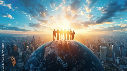 A team of business leaders atop a detailed globe, scanning the skyline, embodying global objectives
