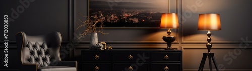 Interior design of modern living room with black stylish commode, chair, mock up art paintings, lamp, book, candlestick, decorations and elegant accessories in home decor. Template.