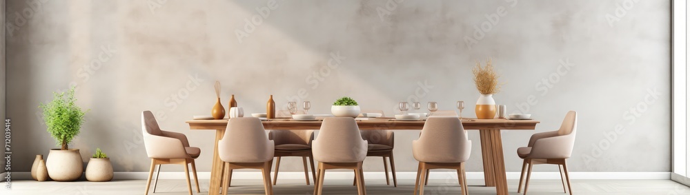 Interior design of stylish dining room interior with family wooden table, modern chairs, plate with nuts, salt and pepper shakers. Concrete floor. White wall. Template. Interior design of stylish dining room interior with family wooden table, modern chairs, plate with nuts, salt and pepper shakers. Concrete floor. White wall. Template.