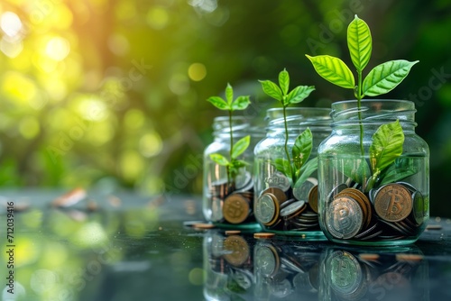Stages of financial growth concept with coins and plant in jars.