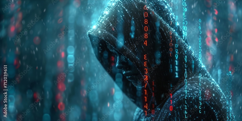 An abstract representation of digital data encryption with a hooded figure and binary code. - obrazy, fototapety, plakaty 