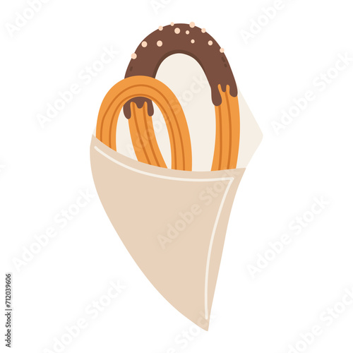 traditional mexican dessert churros with chocolate illustration