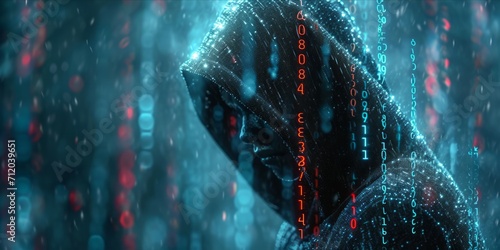 An abstract representation of digital data encryption with a hooded figure and binary code.
