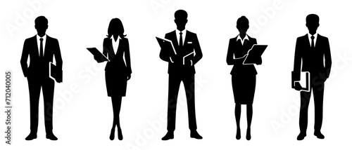 Standing businessman and woman with file silhouette black filled vector Illustration icon