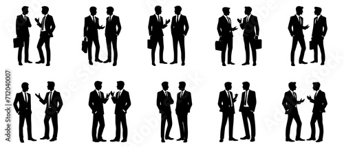 Two businessman talking silhouette black filled vector Illustration icon - Series of Businessmen Engaging in Conversation and Exchange of Ideas