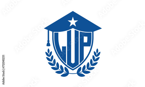 LUP three letter iconic academic logo design vector template. monogram, abstract, school, college, university, graduation cap symbol logo, shield, model, institute, educational, coaching canter, tech
