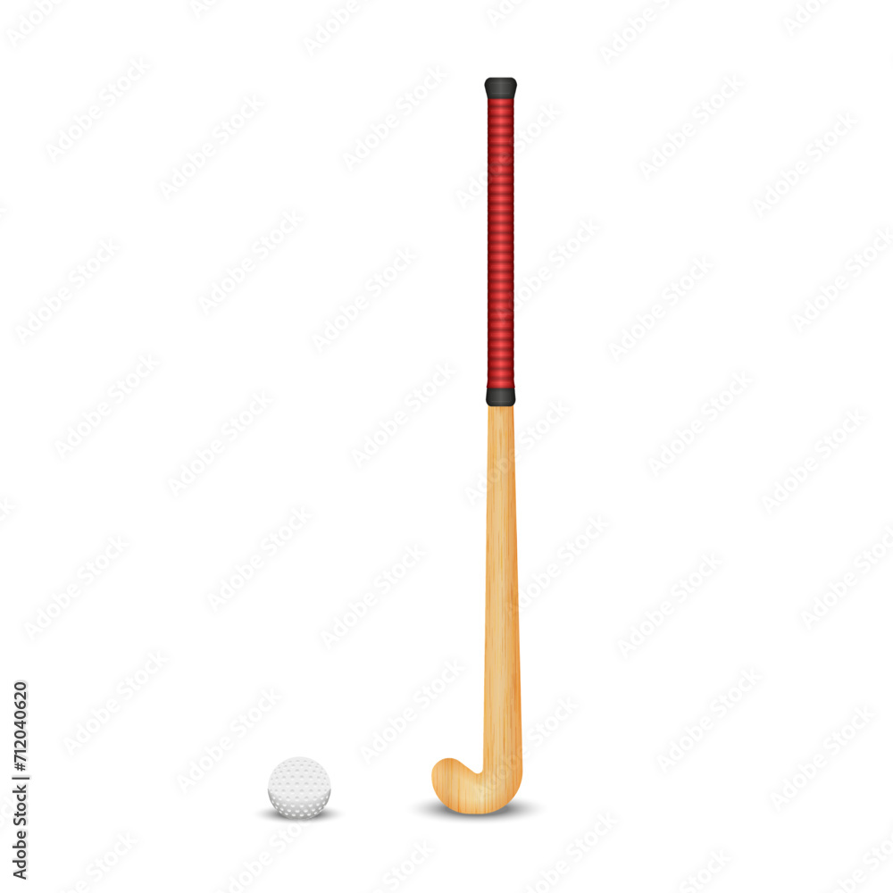 The wooden stick and ball for the game of field hockey, realistic 3D vector models sports objects isolated on white background, a set of sports equipment for field hockey. The wooden stick and ball for the game of field hockey, realistic 3D vector models sports objects isolated on white background, a set of sports equipment for field hockey.