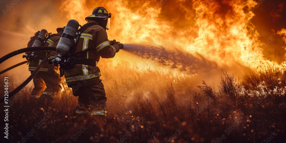 Obraz premium Firefighters in action battling a fierce blaze.
