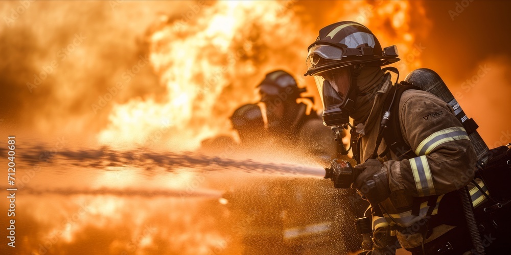 Firefighters in action battling a fierce blaze. Firefighters in action battling a fierce blaze.