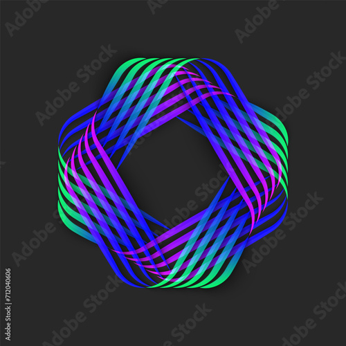 Fractal pattern logo from thin intertwined parallel lines, two squares overlapping geometric shape, intersection linear structure.