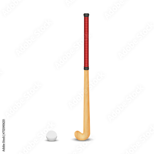 The wooden stick and ball for the game of field hockey, realistic 3D vector models sports objects isolated on white background, a set of sports equipment for field hockey.