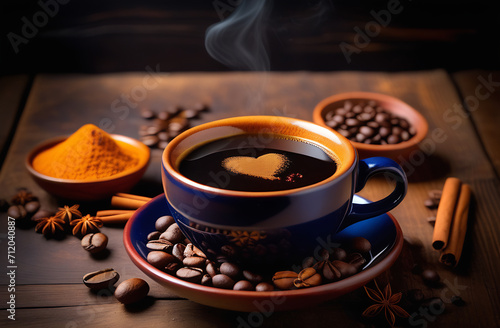A cup of hot coffee with a cinnamon heart in a dark cup  around coffee beans and cinnamon sticks and ground cinnamon  star anise on a dark wood background