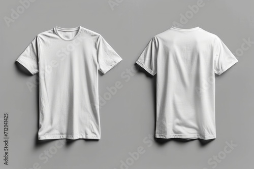 Front and back view of a plain white t shirt on a grey background.