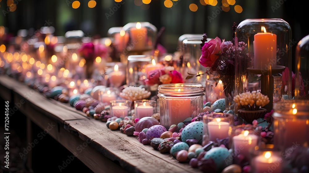 A whimsical fairy-themed birthday party with an enchanting setup. The table is decorated with fairy lights, flowers, and fairy figurines.