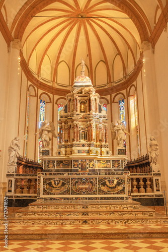 VICENZA, ITALY - NOVEMBER 7, 2023: The marble main altar of the church Chiesa di Santa Corona by Corbarelli (1667-1669).
