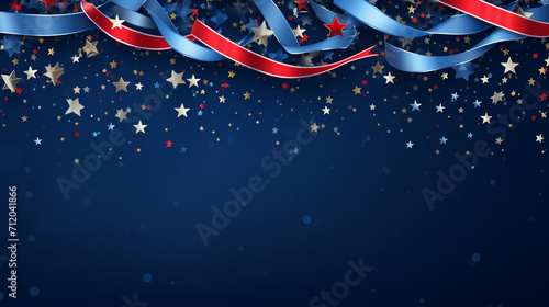 Happy Presidents Day Banner with American Flags, Grosgrain Ribbon, and Confetti Stars on Blue Background. USA Independence Day, Labor Day, Memorial Day, and US Election Concept. Isolated Background photo