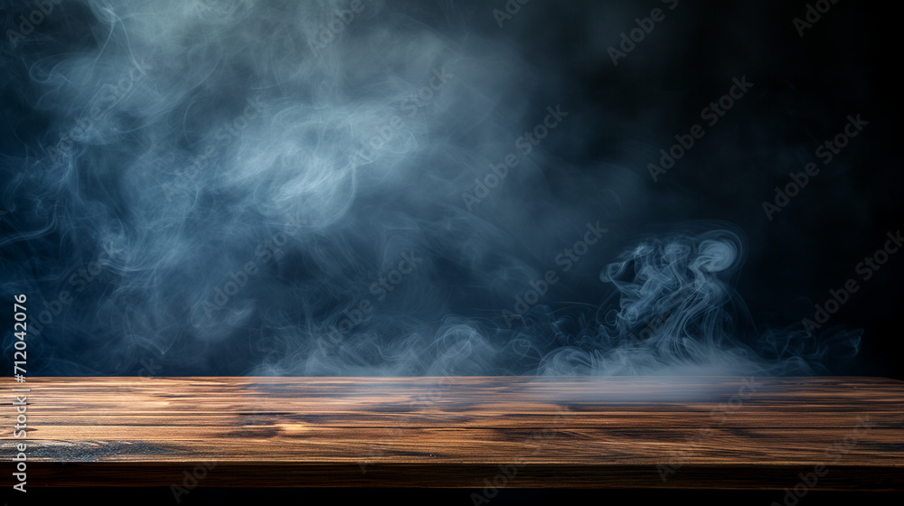 On a black background, an empty wooden table with smoke floats up. Empty space for displaying your products, with a smoke float up on a dark background. On a black background, an empty wooden table with smoke floats up. Empty space for displaying your products, with a smoke float up on a dark background.