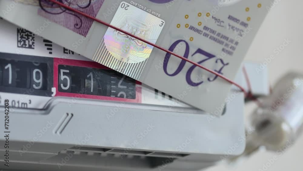 rotating numbers in a gas meter with a 20 pounds note on top, concept of expensive gas rotating numbers in a gas meter with a 20 pounds note on top, concept of expensive gas