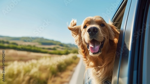 Joyful Golden Retriever Dog Sticking Head Out of Car Window, Enjoying the Breeze on a Sunny Day Road Trip, Embodying Freedom and Happiness