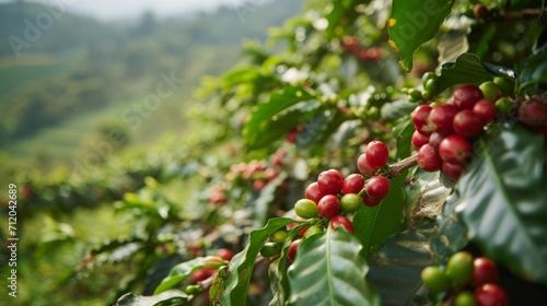 Lush Coffee Plantation with Ripe Red Coffee Berries on Branches Amidst Green Foliage, Highlighting Sustainable Agriculture