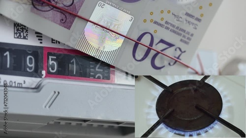 video collage of rotating numbers in a gas meter with a 20 pounds note on top and a burning gas burner on a kitchen stove, expensive gas concept photo