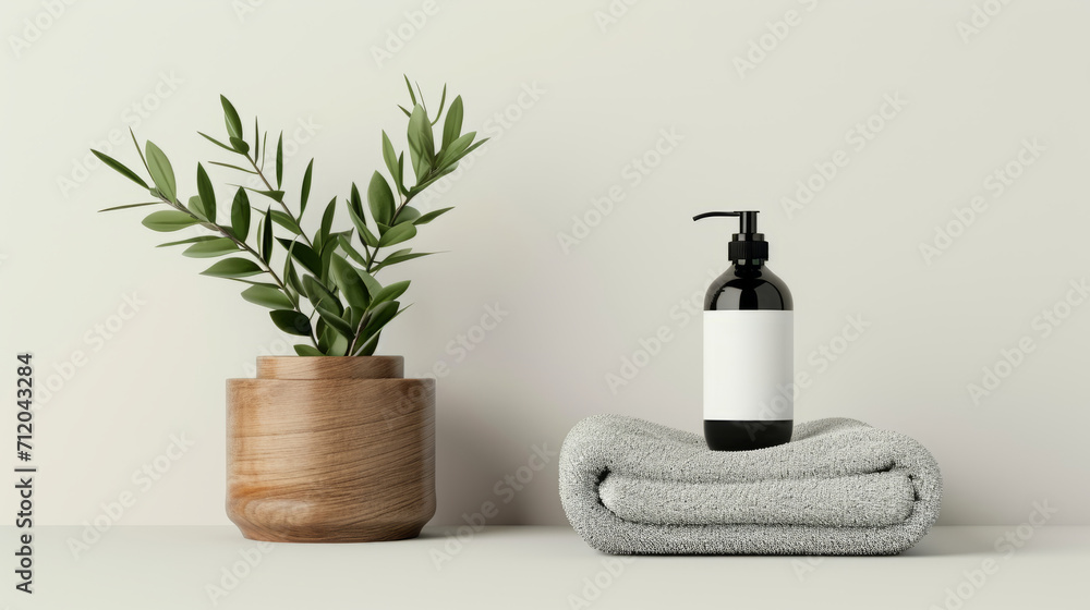Simplistic and Elegant Bathroom Decor with a Fresh Plant in a Wooden Pot and Black Dispenser on a Clean Counter, Embracing Minimalist Aesthetics
