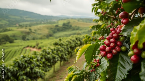 Close-Up of Ripe Red Coffee Berries in a Verdant Plantation, Depicting the Cultivation Process in a Sustainable Coffee Farm photo