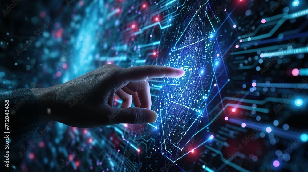 Man hand touching virtual screen to demonstrate network connectivity, innovation, online communication, metaverse world, concept of futuristic meta technology Man hand touching virtual screen to demonstrate network connectivity, innovation, online communication, metaverse world, concept of futuristic meta technology