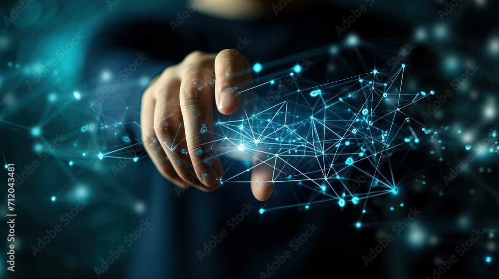 Man hand touching virtual screen to demonstrate network connectivity ...