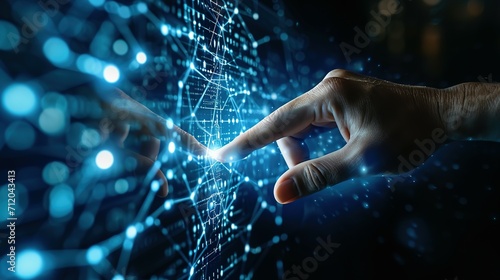 Man hand touching virtual screen to demonstrate network connectivity, innovation, online communication, metaverse world, concept of futuristic meta technology © Ahmad-Muslimin