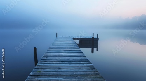 Tranquil Dawn at Lakeside Wooden Dock, Misty Morning Reflective Water, Solitude and Peaceful Concept