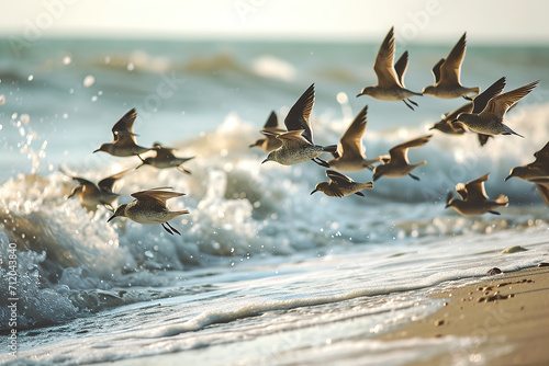 Flocks of shorebirds fly along the picturesque coastline. With crashing waves in the background.