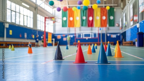 Bright Colorful Cones on Gymnasium Floor for Kids' Physical Education Class, Activity Concept photo