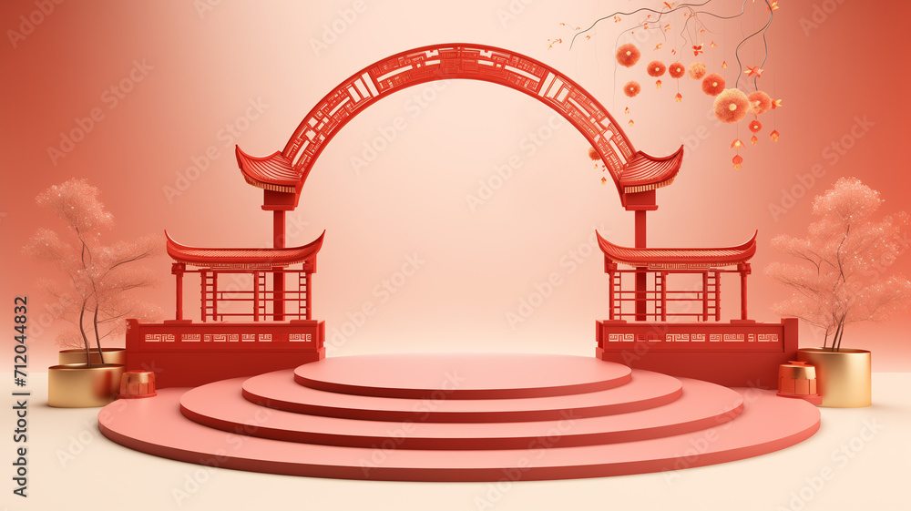 3d podium background themed chinese new year. Suitable for promotion product - obrazy, fototapety, plakaty 