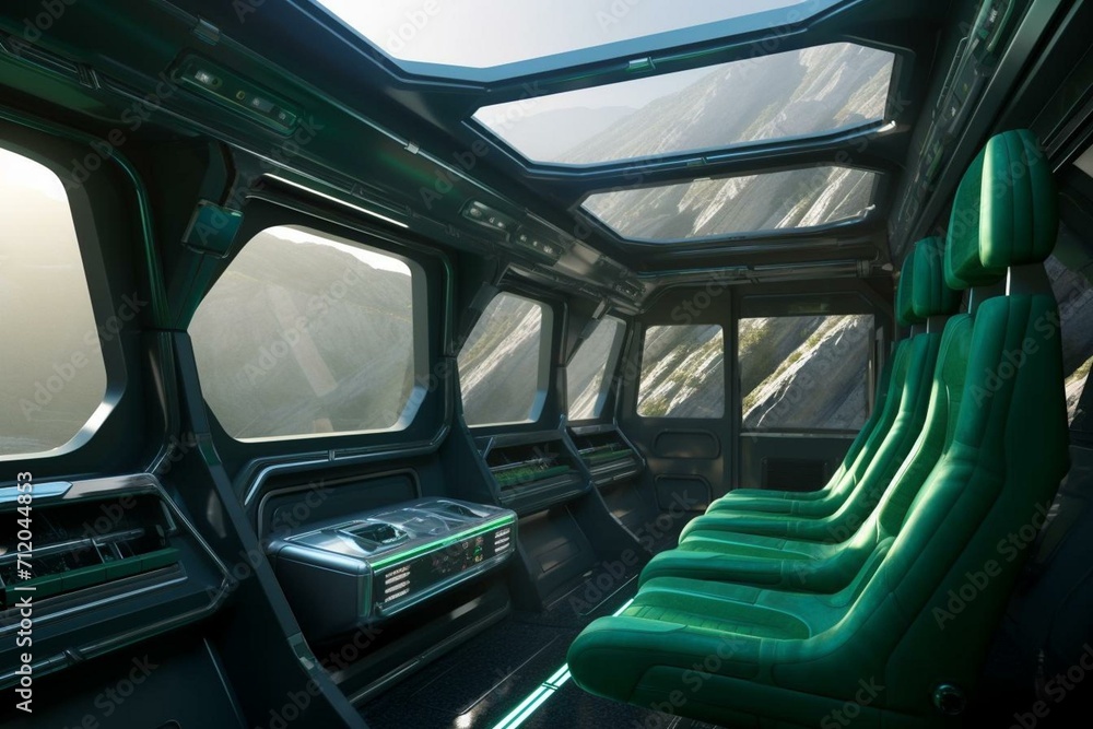 A 3D-rendered spaceship interior displaying green windows for a scenic view. Generative AI