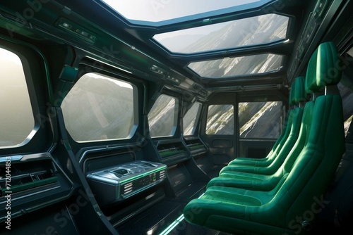 A 3D-rendered spaceship interior displaying green windows for a scenic view. Generative AI © Melisende