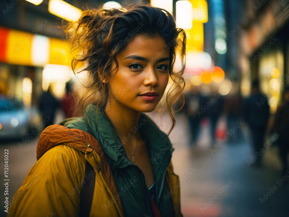 Portrait of a Woman on a Nighttime Street,AI Generative