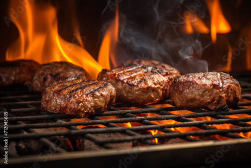 Burgers prepared with beef meat grilled over barbecue fire flame AI Generation