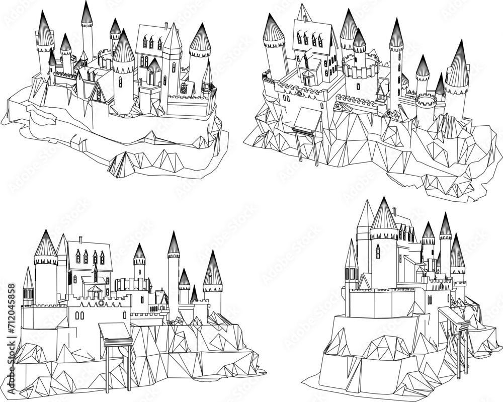 Vector sketch illustration of haunted castle castle design on hill - obrazy, fototapety, plakaty 