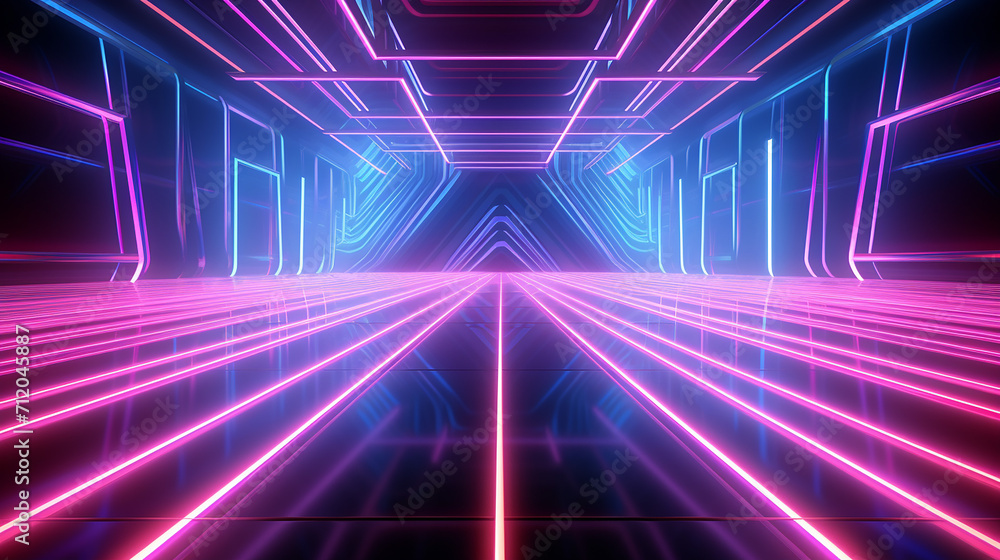 pink blue neon lines geometric shape virtual space ultraviolet light 3d render