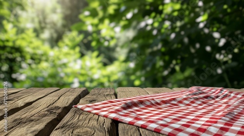 Rustic Wooden Table with Red Checkered Cloth, Inviting Picnic Setup in Lush Green Garden, Concept of Outdoor Dining and Summer Relaxation photo