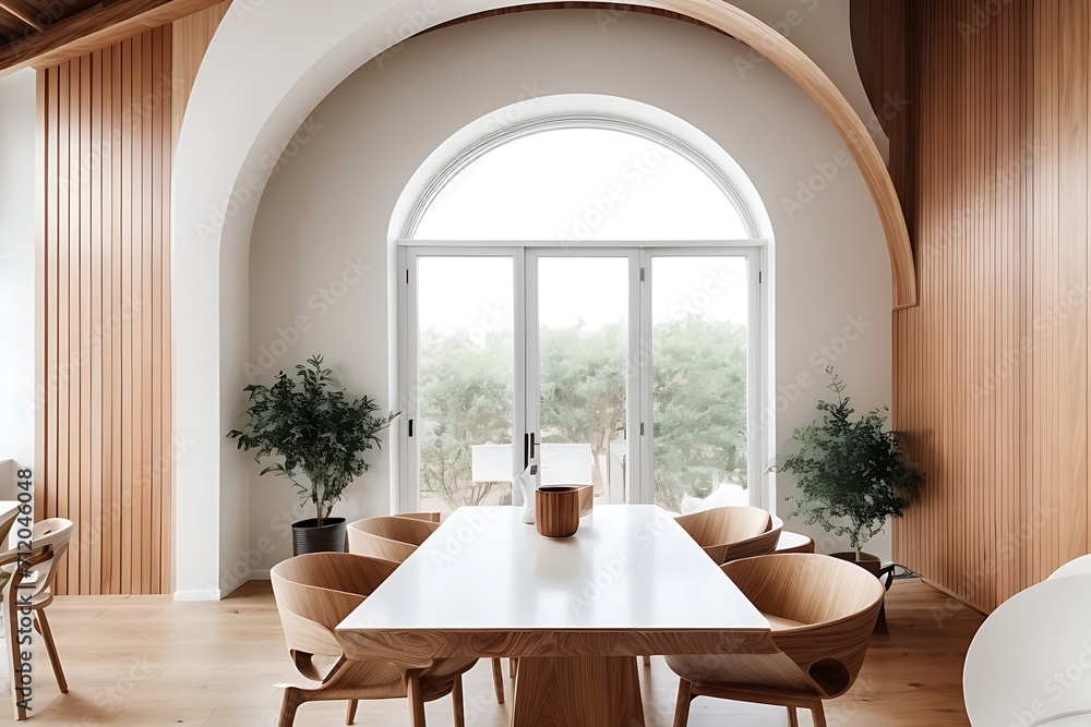 A modern dining room is characterized by its minimalist interior design, highlighted by an arched wall adorned with abstract wood paneling for a stylish touch