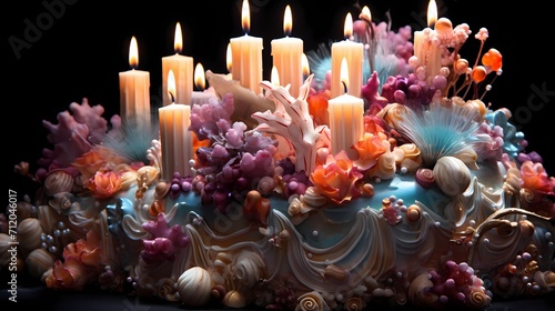 A whimsical underwater-themed cake with edible seashells and eighty candles  transporting you to a magical oceanic world