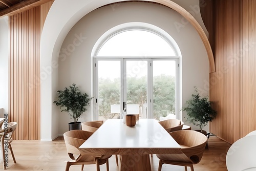 A modern dining room is characterized by its minimalist interior design, highlighted by an arched wall adorned with abstract wood paneling for a stylish touch © Md