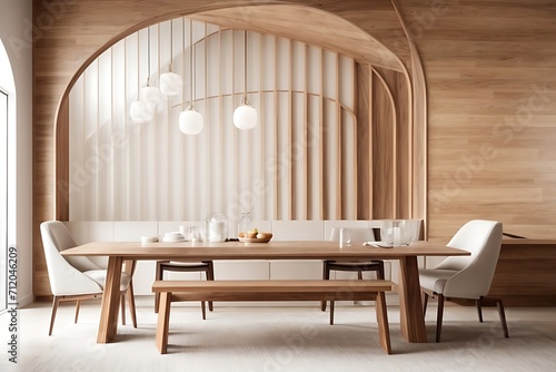 The modern dining room boasts an arched wall adorned with abstract wood paneling, creating a sophisticated and streamlined interior design. photo