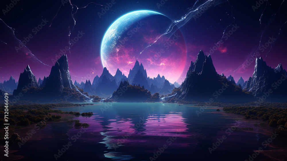 abstract futuristic fantasy night landscape with reflection